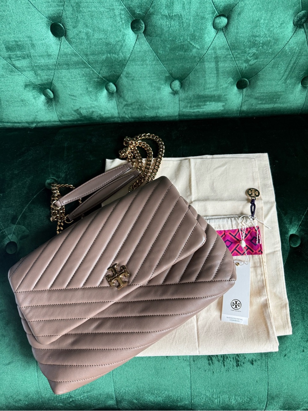 Tory Burch Kira Chevron Convertible Shoulder Bag Classic Taupe Leather NWT $528